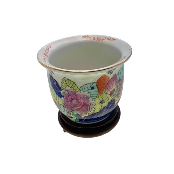 Planter Porcelain Asian Tobacco Leaf Design on Wood Base Vintage Oriental Decor - Picture 4 of 7